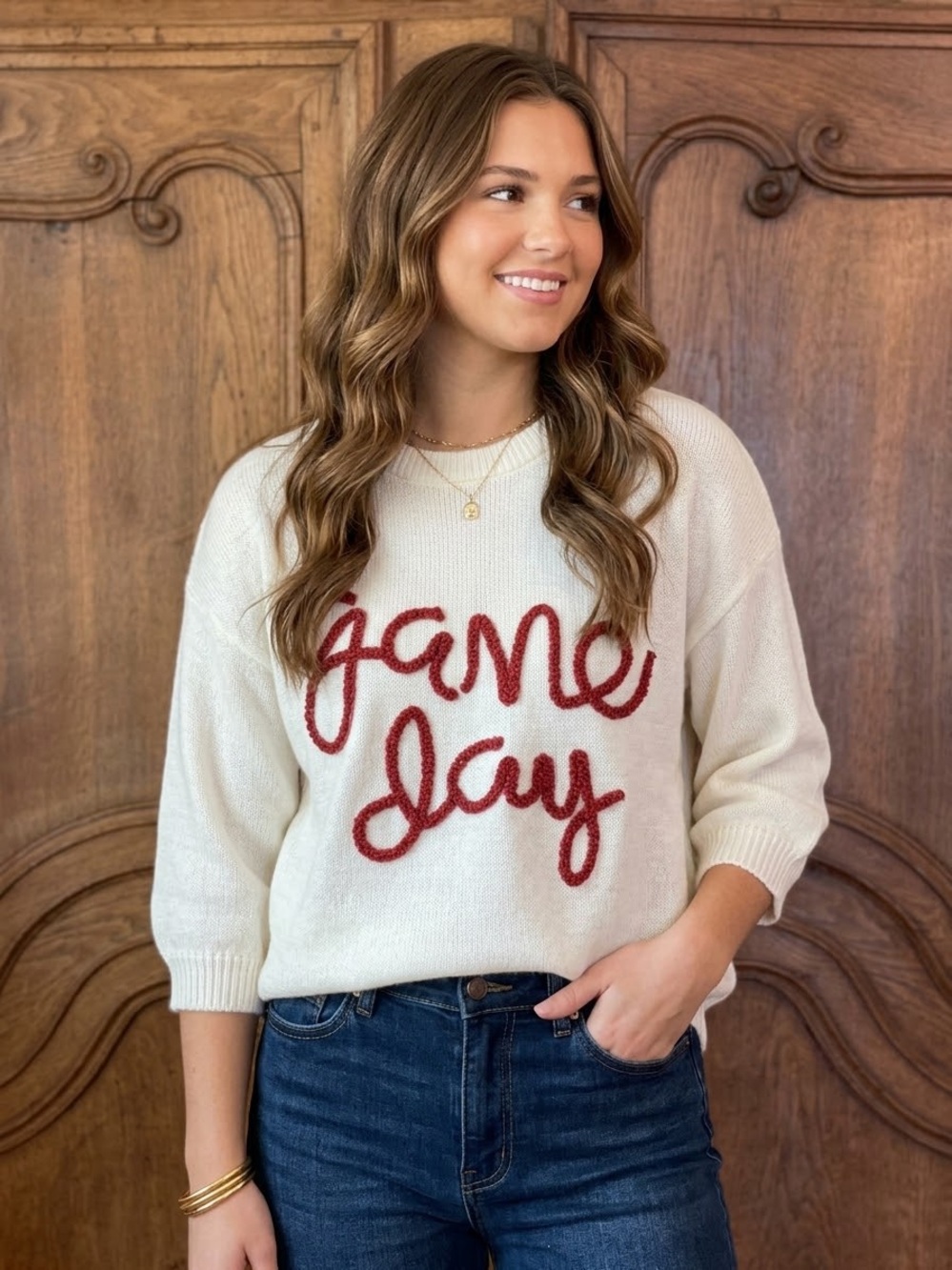 Bibi Game Day Metallic Letter Short Sleeve Puff Sleeve Sweater